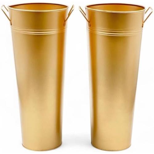 Hosley Set of 2 Gold Metal French Bucket with Handles & PVC Liner, 6 Dia x 15 H for Weddings, Parties, Country Picnics, Floral Arrangements, Tableware Storage, or Gardens - Rustic Farmhouse Décor