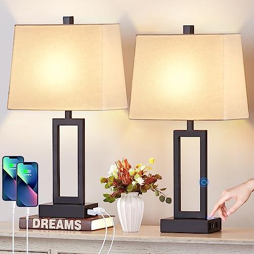 2pk 23.5 Touch Control Table Lamps  Bedside Lamp with 2 USB Ports & AC Outlet, 3-Way Dimmable Nightstand Lamp with White Linen Shade for Living Room Bedroom End Table Office(2 LED Bulb Included)