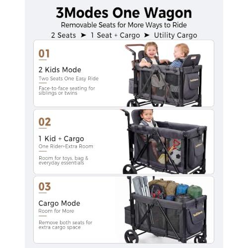Stroller Wagon for 2 Kids, Foldable 2 Seater Wagon Stroller with Raised Seats, 5-Point Harnesses, Adjustable UPF 50  Canopy, Front Zip Door, All-Terrain Wheels, Insulated Snack Bag, Gray
