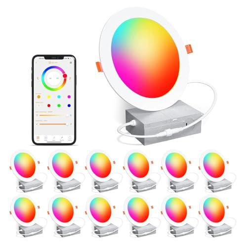 White 6 12 Pack Recessed Lighting 6 Inch RGBCW Color Changing Smart Recessed Ceiling Lights 16W 1350LM LED Downlights Dimmable by Alexa & APP, 2700K-6500K,16 Million Colors - DIY Scenes - Timer - 23 Modes (12 Pack)