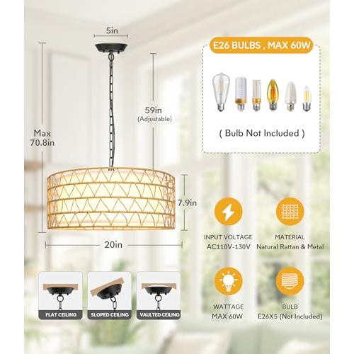 20 Rattan Chandelier Farmhouse Light Fixtures, 5-Light Boho Chandeliers for Dining Room, Fabric Lamp Shade for Living Room, Bedroom, Hallway Rattan Pendant Light Fixture, E26 (no test)