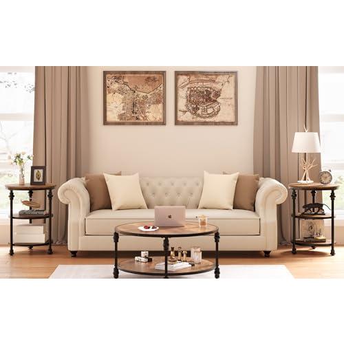 GarveeHome Round End Table with Storage Shelves, 3-Tier Round Farmhouse Side Table w/Mental Support Legs, Rustic End Table Accent Nighstands for Living Room Bedroom (A, Rustic Brown)