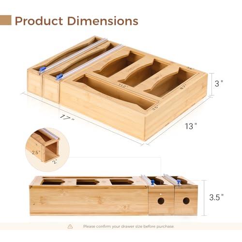 6-in-1 Bamboo Kitchen Drawer Organizer for Storage Bag, Foil & Plastic Wrap