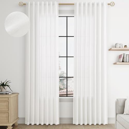 Size 52x96 Color White Soft White Semi Sheer Textured Linen Curtains 96 Inches Length Long, 2 Panels Set for Bedroom Dining Living Room,Back Tab,Rod Pocket,Clip Rings Light Filtering Window Drapes,W52 x L96