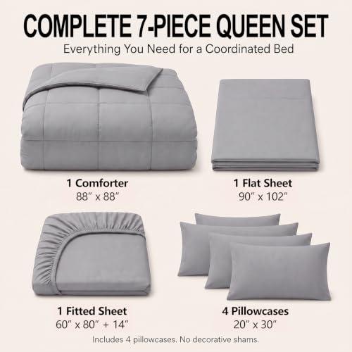 COLOR DARK GREY AND REVERSE BLACK ❗❗CozyLux Queen Comforter Set Grey - 7 Pieces Bed in a Bag | OEKO-TEX Certified, All-Season, Bedroom, Guest Room, Down-Alternative Comforter   Flat & Fitted Sheets   4 Pillowcases