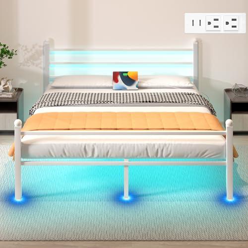 (MAYBE MISSING SCREWS) Full Bed Frames with Headboard, Platform Bed Frame with LED Lights & Charging Station, Heavy Duty Metal Slats, Under Bed Storage Space, No Box Spring Needed, Noise Free, Easy Assembly, White