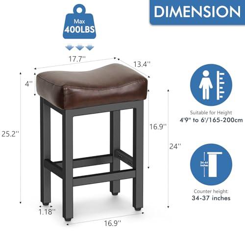 Counter Height Bar Stools Set of 2, 24 Inch Barstools for Kitchen Island Counter, Bonded Leather Kitchen Stools with Thick Saddle Seats & Heavy Duty Metal Base, Easy Assembly, Brown/Black