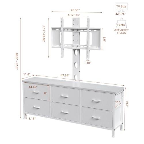 TV Stand with Mount, Fabric Dresser with 6 Drawers for 32/45/55/60/65/75 inch TVs, White Dresser Entertainment Center, Modern Media TV Console Table