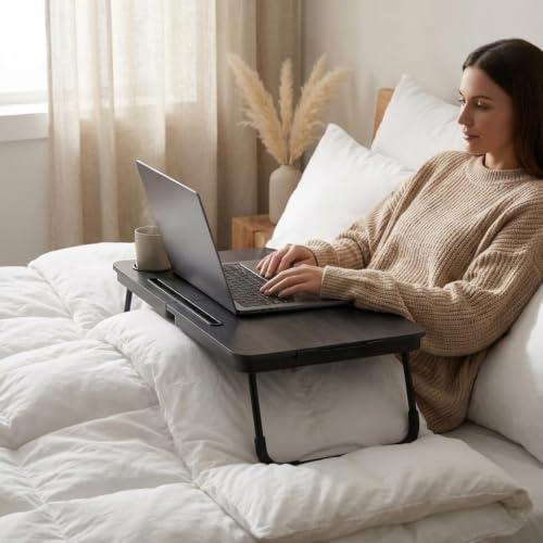 BUYIFY 23.4 Foldable Lap Desk Bed Table with Cup Holder Tray Black