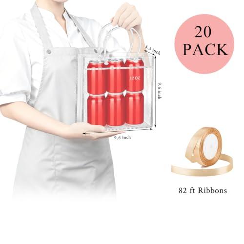 Mauproy Clear Plastic Gift Bags with Handles, 9.6 x 9.6 x 3.3 Inch, 20 Pack
