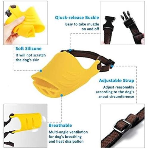 LUCKYPAW Dog Muzzle, Soft Duck Silicone Mouth Cover with Adjustable Strap for Small Medium Dogs, Best to Prevent Barking, Biting, and Chewing (L, Yellow)