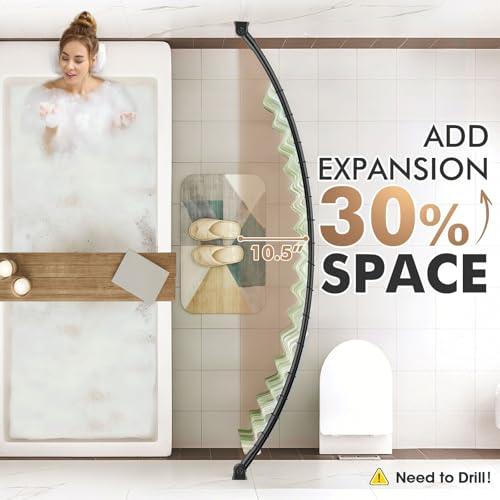 Curved Shower Curtain Rod for Bathroom, 40-72 Inches Adjustable Shower Rod | Rustproof Shower Curtain Rod with Rotating Brackets for Extra 30% Large Shower Space, 0.9MM thickness, Need to Drill, Black