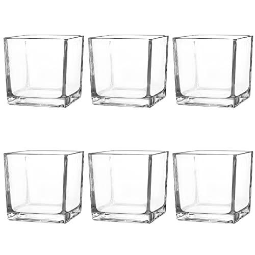 Set of 6 Square Glass Vases 4 x 4 x 4, Clear Flower Vase, Plant Terrarium, Candle Holder for Wedding Centerpiece, Office Decorations, Home Décor, Parties and Events