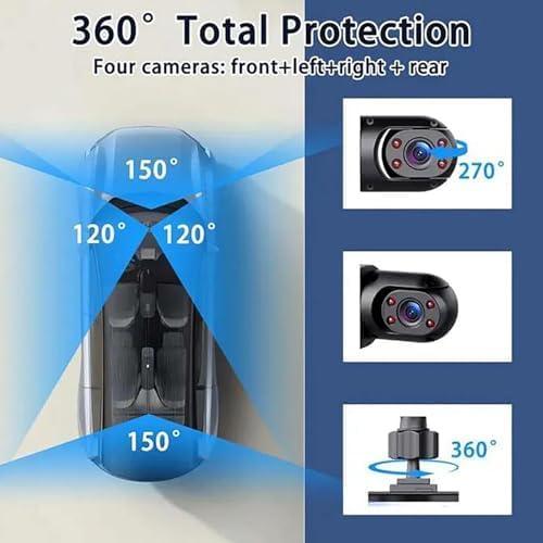 Completely Wireless Dash Cam Front and Rear No Wire, 4-Channel Full View Car Dashcam System, Rechargeable 360 1080p Dash Cam Video Recorder with Adjustable Lenses and Night Vision (Four Sides, 128)