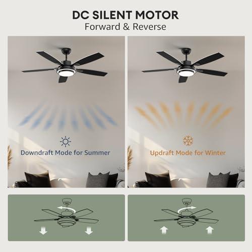 Size 52 Color Black Ceiling Fans with Lights and Remote Control, Ceiling Fan for Bedroom Living Room and Patio, Medium Modern Black Ceiling Fan for Indoor and Outdoor