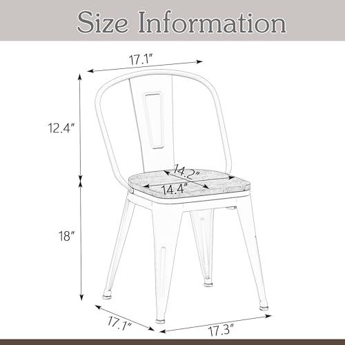 Alunaune 18inch Metal Dining Chair Set of 4 High Back Classic Chic Iron Farmhouse Chairs Industrial Stackable Coffee Stools Bistro Cafe Side Barstools Wood Seat-Black