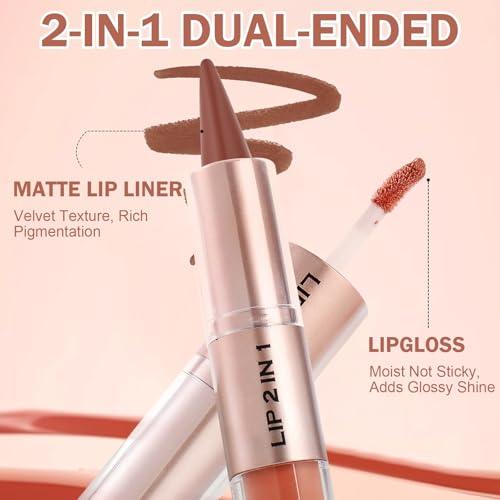 Lip Liner & Gloss Lipstick Combo - 2 in 1 Dual-Ended Lip Combo Set, Nude Brown Velvet Matte Lip Liner & Buildable Light Brown Glowy Lip Gloss Kit for Women, Long Wear Shiny Plumping Finish, 06