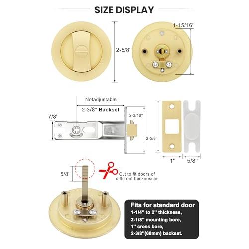 goldenwarm Brushed Nickel Round Pocket Door Lock, Pocket Door Hardware for 2-1/8'' Round Bore Hole, Pocket Door Handles Fit 1-1/4'' to 2'' Thickness Sliding Door 2-3/8'' Latch 1 Pack