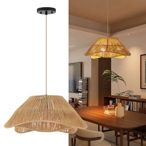 19.68 Rattan Pendant Light Fixture, 3-Light Boho Hanging Light Fixture Ceiling Mount, Bohemian Woven Wicker Flush Mount Hanging Lamp, Adjustable Rattan Chandelier for Kitchen Island Hallway