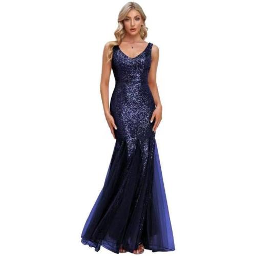 Size S/L Updated Women's Double V Neck Long Sequined Mermaid Dress Formal Dress Bridesmaid Party Dress