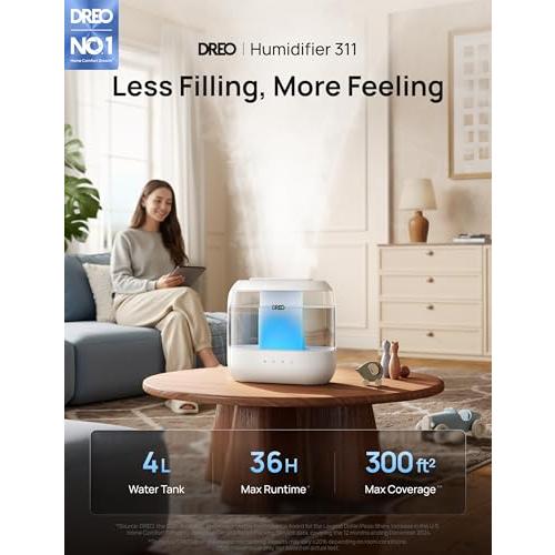 DREO 4L Humidifiers for Bedroom, 36H Runtime, 28 dB Quiet, HM311