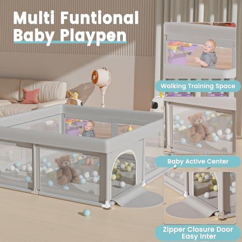 Hiaksedt Baby Playpen 50x50 Inch, Play Pens for Babies and Toddlers | Baby Fence for Indoor & Outdoor, Sturdy Safety Play Yard with Soft Breathable Mesh, Anti-Fall, Grey