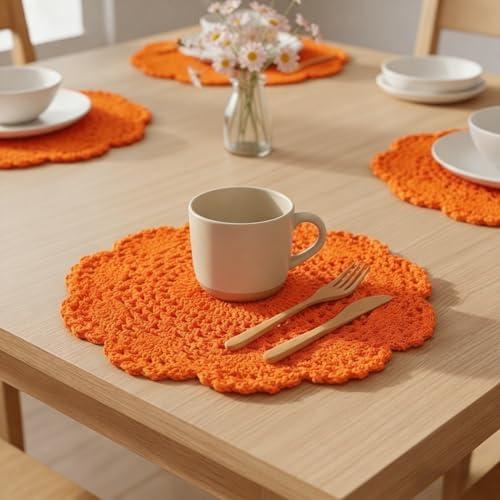 8 Round Crochet Doilies 4Pcs, Cotton Floral Lace Placemats, Handmade Embroidered Coasters for Table Furniture Wedding Decor (Orange)