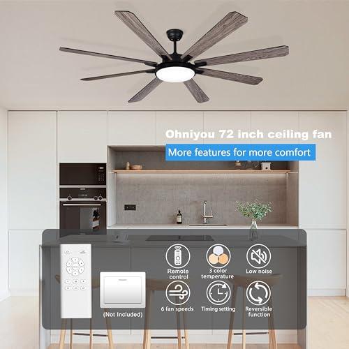 Ohniyou 72 Ceiling Fan with Light and Remote - Large Indoor Outdoor Ceiling Fan, 6 Speeds Reversible DC Motor, 8 Blades Farmhouse Industrial Ceiling Fans for Living Room Patio Bedroom, Black and Wood