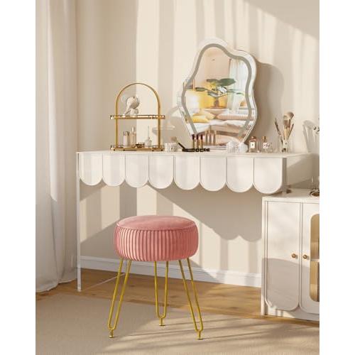 IBUYKE Velvet Round Footrest Ottoman, Makeup Vanity Stool Side Table, Velvet Dressing Table Seat, Pouf Couch Stool, Golden Steel Legs, Pink LG-30P