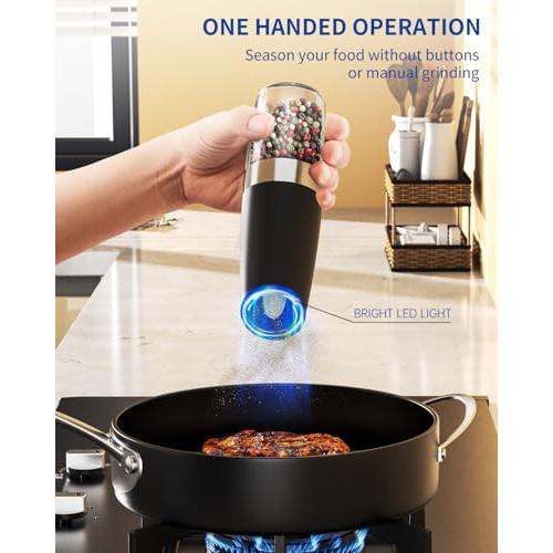 CIRCLE JOY Gravity Electric Salt and Pepper Grinder Set Automatic Salt and Pepper Grinder Set with LED Light, Battery Operated, Adjustable Coarseness, Large Capacity, for Home Kitchen BBQ, Black