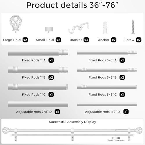 Double Curtain Rod 36-76 Inch, Heavy Duty Dual Rods, White | Decorative Aluminium Twisted Cage Finial, 1 Inch Adjustable Spliced Double Curtain Rods for Windows, All Metal, Easy Install