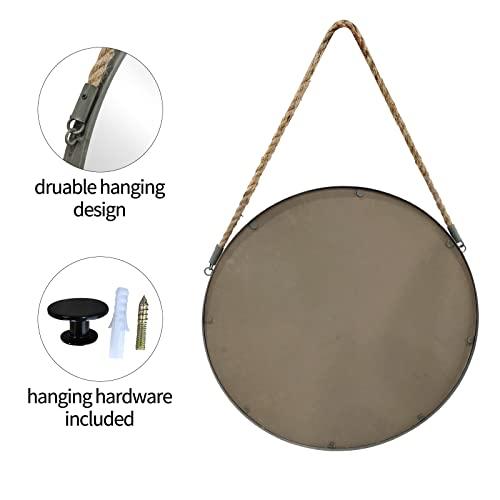 POZINO Round Mirror, Rope Hanging Mirror, 15 Inch Farmhouse Circle Wall Mirror for Bathroom Bedroom Living Room Entryway Home Decor, Grey