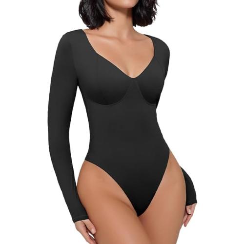 Size M .... Bodysuit for Women Long Sleeve Double Lined Tank Top V Neck Bodysuit Tummy Control Shapewear