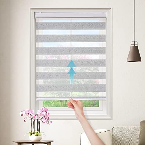 GENIMO Cordless Zebra Blinds for Windows, Dual Layer Roller Window Shades, Sheer or Privacy Light Control for Day and Night, Mini Door Blinds for Home, Office, Easy to Install, Grey, 29 W X 72 H