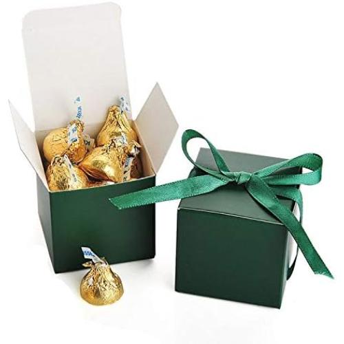 AWELL Dark Green Gift Candy Box Bulk 2x2x2 inches with Green Ribbon Party Favor Box,Pack of 50