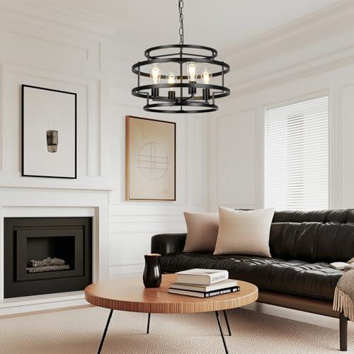 4-Light Black Chandelier for Dining Room, 19.7 Modern Farmhouse Pendant Light with Geometric Metal Frame, Industrial Flush Mount Ceiling Light for Living Room, Bedroom, Kitchen Island, Hallway, Foyer