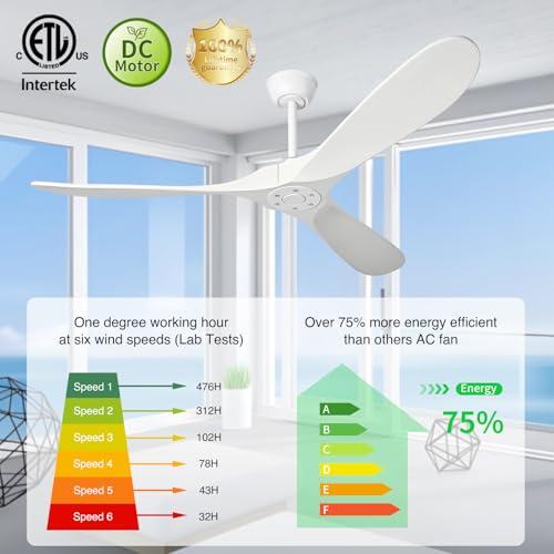 Ceiling Fans Without Light,60 Inch Outdoor Ceiling Fans no Light, 3 Blade Solid Wood Ceiling Fan with Remote Control for Patios Living Room Bedroom Porch. (White Blades   White Body, 60inch)