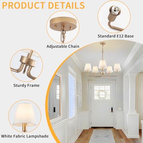 Farmhouse Chandelier, Gold Modern Dining Room Light Fixture with White Fabric Shade, 5-Light Height Adjustable Industrial Pendant Island Light Fixture for Foyer Entryway Hallway Kitchen Bedroom