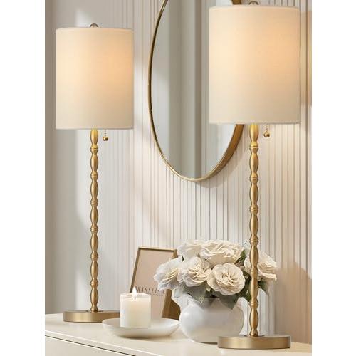 Buffet Lamps Set of 2, 28.5 Tall Brass Finish Lamps for Entryway, Hallway, Console Table, Dining Sideboard or Living Room, UL Certified with Pull Chain, Linen Shade, Urban Luxury Style