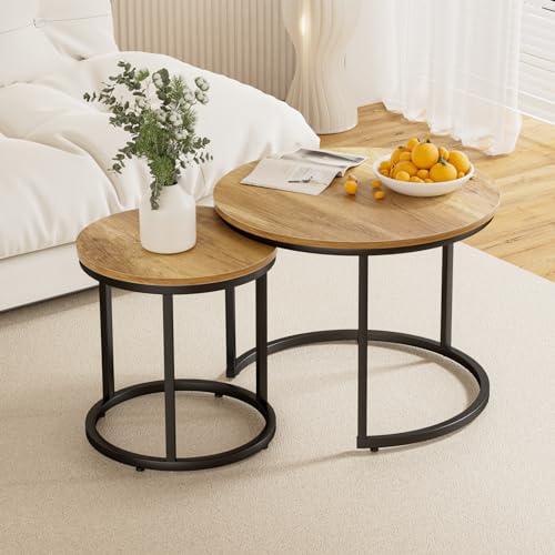 Color Brown Nesting Coffee Table Set of 2, 23.6 Round Coffee Table Brown Wood with Adjustable Non-Slip Feet, Industrial End Table Side Tables for Living Room Bedroom Balcony Yard