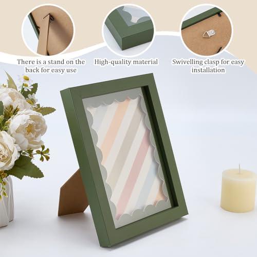 1 Pack Wood Picture Frames, 5.9x7.8 Fresh Green Frame with Support, Hook and Wavy Mat for Tabletop and Wall Hanging, Simple Style for Home Decor and Gifts Giving