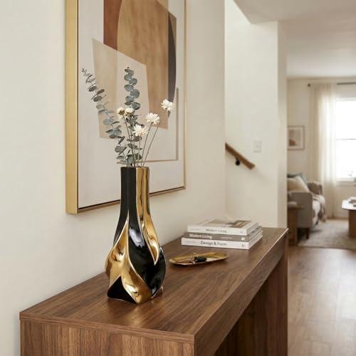 10.6 Black and Gold Ceramic Vase, Modern Geometric Flower Vase for Dining Table Centerpiece, Elegant Decorative Vase for Pampas Grass, Living Room, Bedroom, Office, Tabletop Decoration
