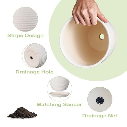 10 Inch Ceramic Planter Pot - Large Plant Pot with Drainage Hole and Saucer, Modern Round Flower Pots for Indoor Outdoor Plants, Garden Planter, White