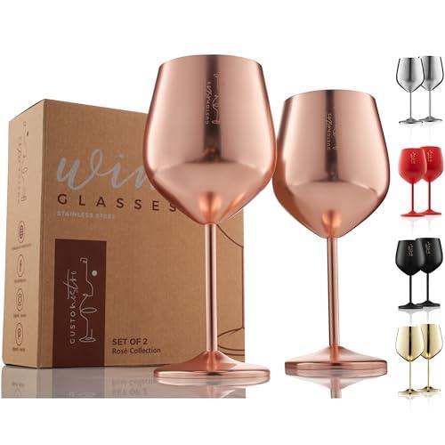 Gusto Nostro Stainless Steel Wine Glass - 18 oz - Unbreakable Rose Gold Wine Glasses for Travel, Camping and Pool - Fancy, Unique and Cool Portable Metal Wine Glass for Outdoor, Picnics (Set of 2)