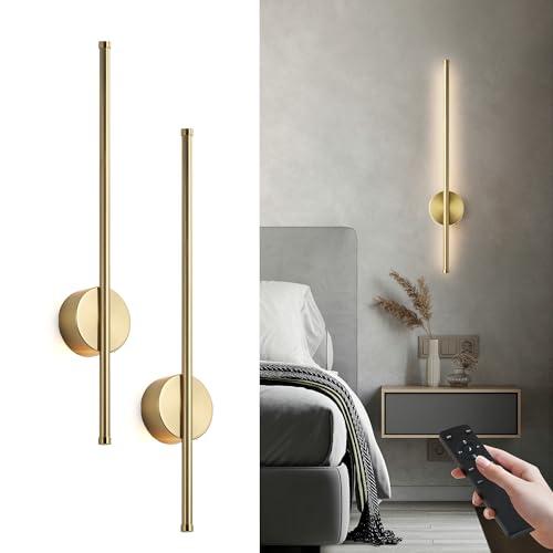 Battery Operated Modern Wall Sconces, Dimmable Wireless Wall Light Set of Two with Remote Control, 3 Color Temperatures, Rechargeable LED Wall Sconce for Bedroom, Living Room, Hallway, 23.6 Inch Brass
