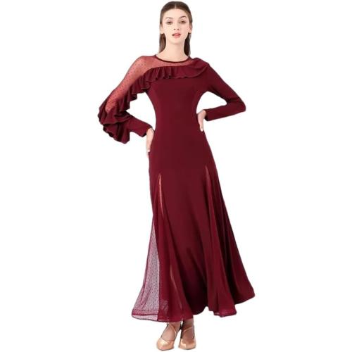 Small Lotus Leaf Sleeve Polka Dot Stitching Ballroom Dance Dress for Women Waltz Dress Rumba Ball Gown