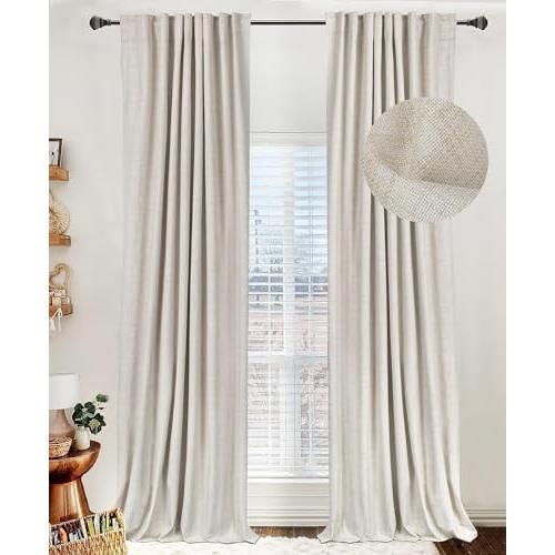 Linen Total Blackout Curtains for Bedroom Living Room 90 Inch, Cream