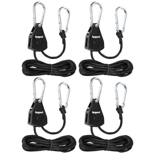 Ayaport Adjustable Rope Hanger, 1/8 Grow Light Hanger, 4 Pack | Heavy Duty Plant Pulley Rope Tightener Ratchet Tie Down for Kayak, Tarp, Tent Tie Downs, Hanging Plants, Filters, Fans