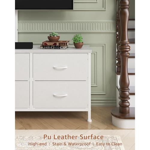 TV Stand with Mount, Fabric Dresser with 6 Drawers for 32/45/55/60/65/75 inch TVs, White Dresser Entertainment Center, Modern Media TV Console Table