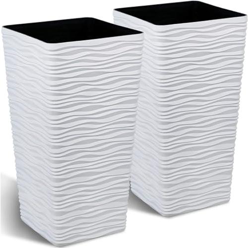 Worth Garden 22 Tall Planters Set of 2 - Plastic White Square Plant Pots - Modern Big Tapered Matte Wavy Tree Flower Pot for Indoor Outdoor Porch Deck
